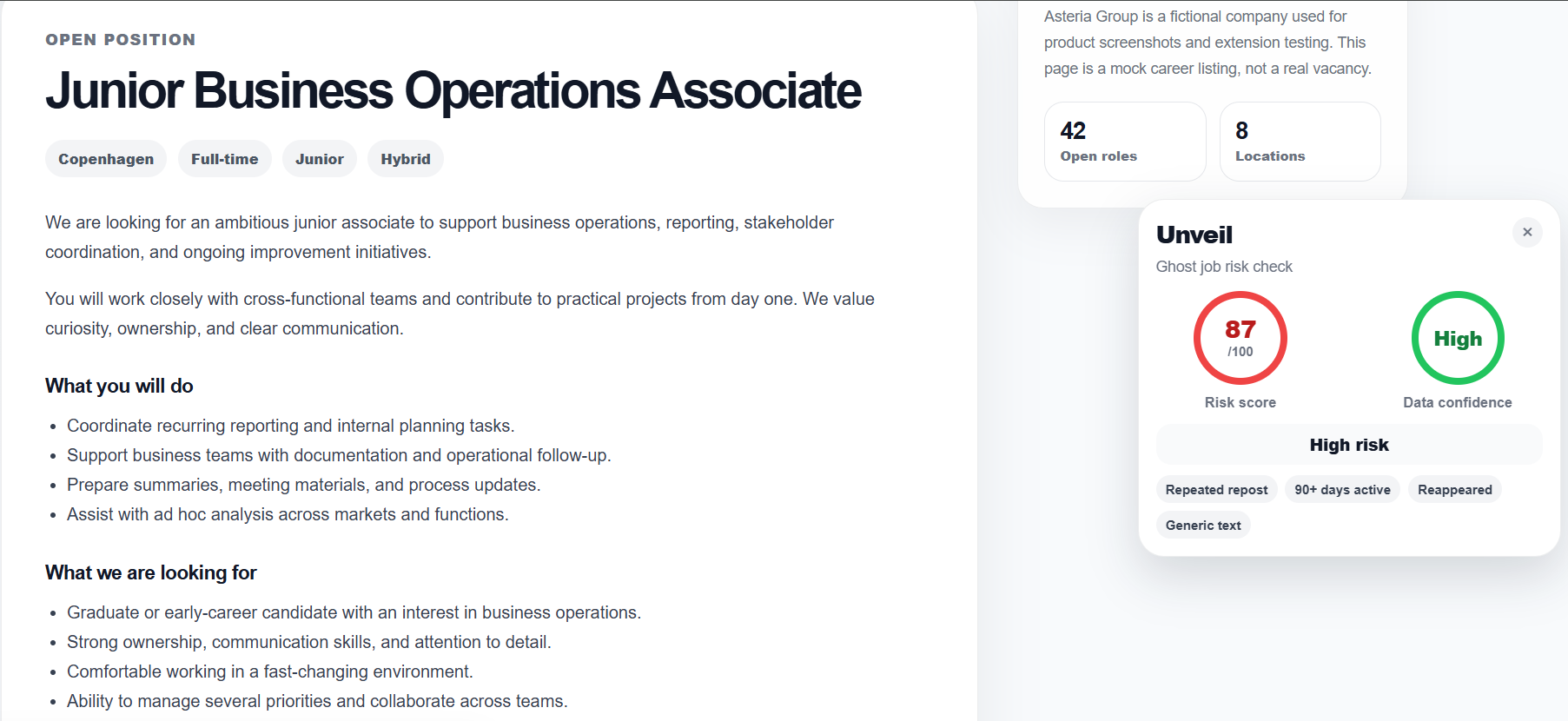 A fictional company career page with the Unveil extension showing a ghost job risk score of 87 out of 100, high risk, and high data confidence