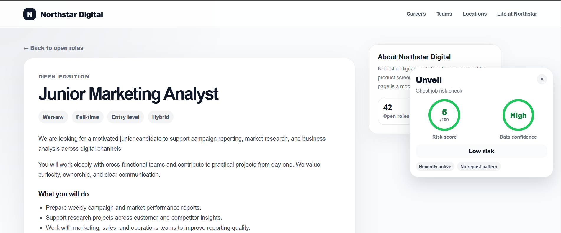 A fictional company career page with the Unveil extension showing a ghost job risk score of 5 out of 100, low risk, and high data confidence